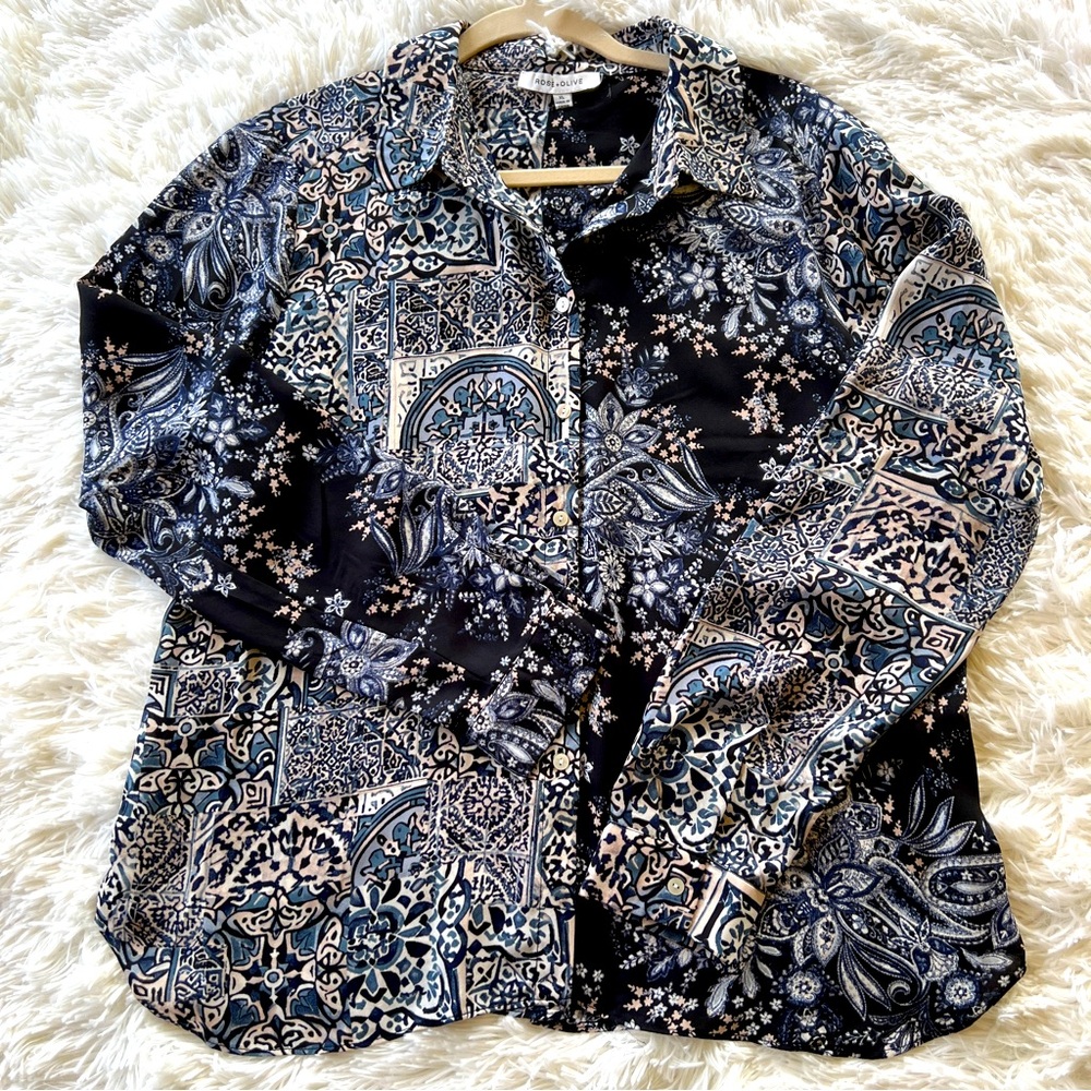 Rose & Olive Button-Up Blouse - Size XL